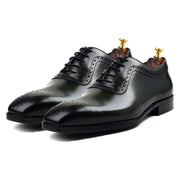 Men crust leather semi brogue oxford shoes green, office & casual party wear - Feetique Footwea